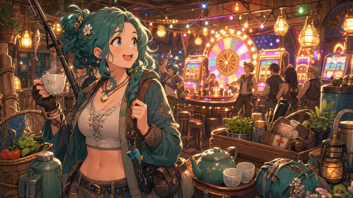 ルーレットとスロットの明るいイベント会場で仲間と盛り上がるオリジナル女性キャラクターのイメージ