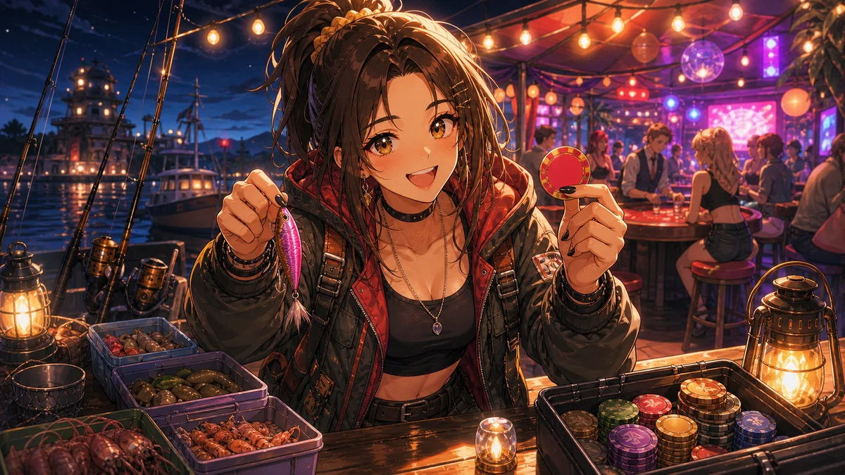 港の釣り道具とカジノの光が並ぶ夜の拠点で笑うオリジナル女性キャラクターのイメージ
