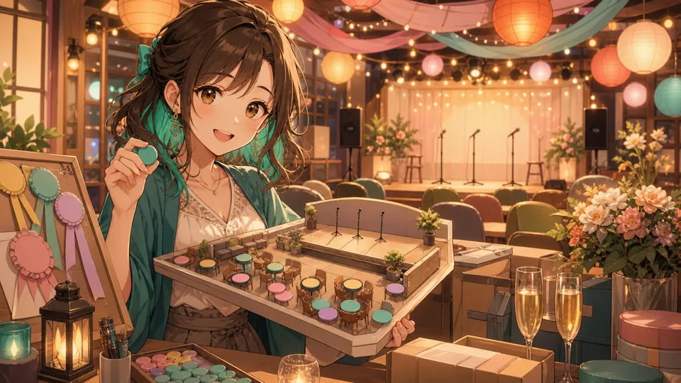 大きな宴会ステージを前に進行メモを確認するオリジナル女性キャラクターのイメージ