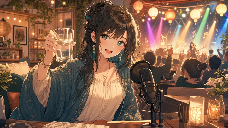 配信部屋で乾杯グラスと音楽メモを囲むオリジナル女性キャラクターのイメージ