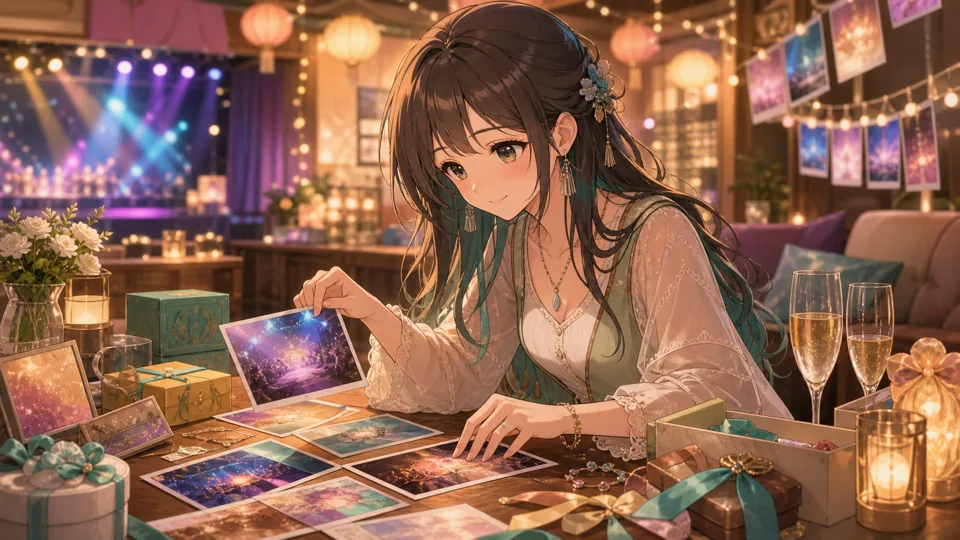 会場写真と記念小物を並べて振り返るオリジナル女性キャラクターのイメージ