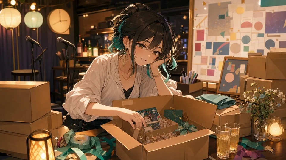 イベント準備のチェックリストとグッズ箱を片付けるオリジナル女性キャラクターのイメージ