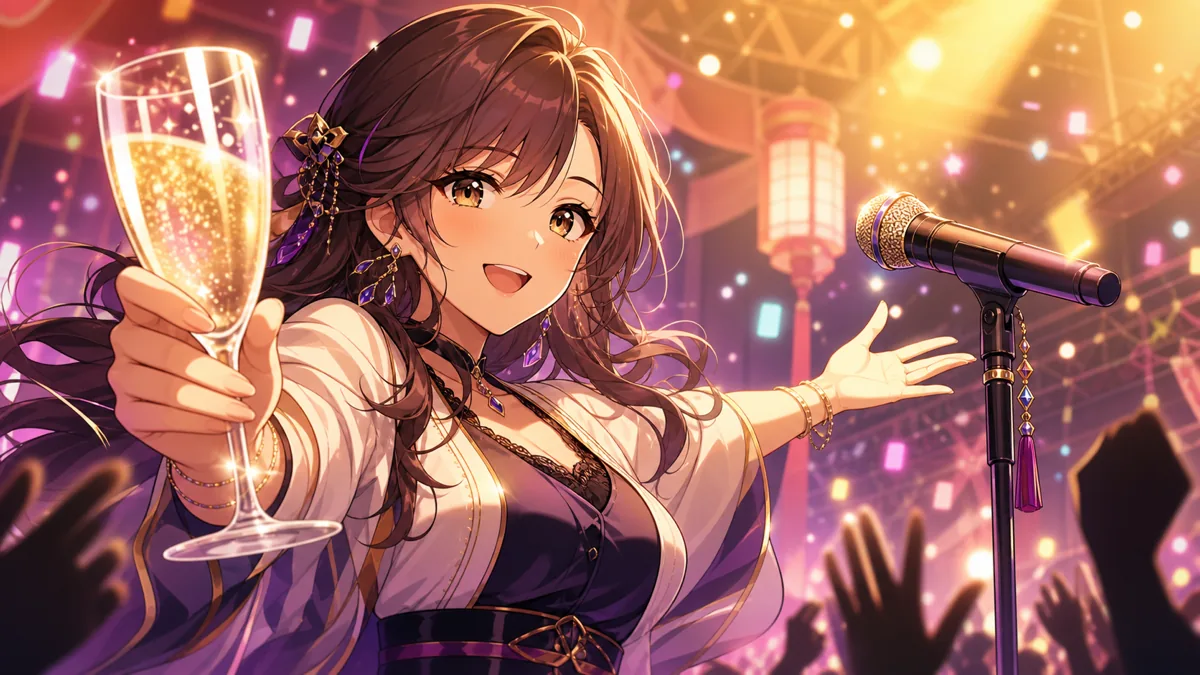 乾杯と初オリジナル曲公開をイメージしたステージ上のオリジナル女性キャラクターのイラスト