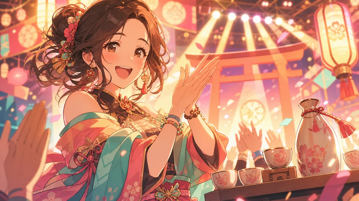 祭事モチーフと晩酌の明るさを重ねたオリジナル女性キャラクターのイラスト