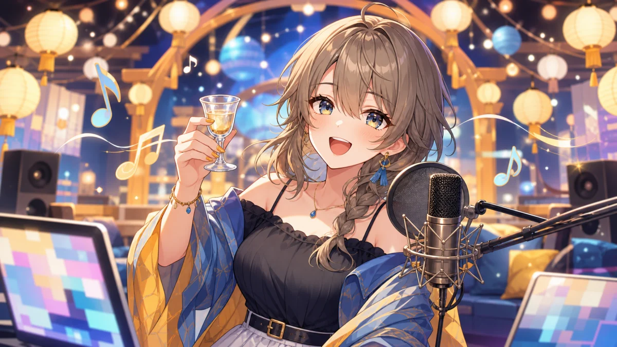 乾杯グラスとマイクを前に公式導線を確認する明るい配信部屋のオリジナル女性キャラクターのイラスト