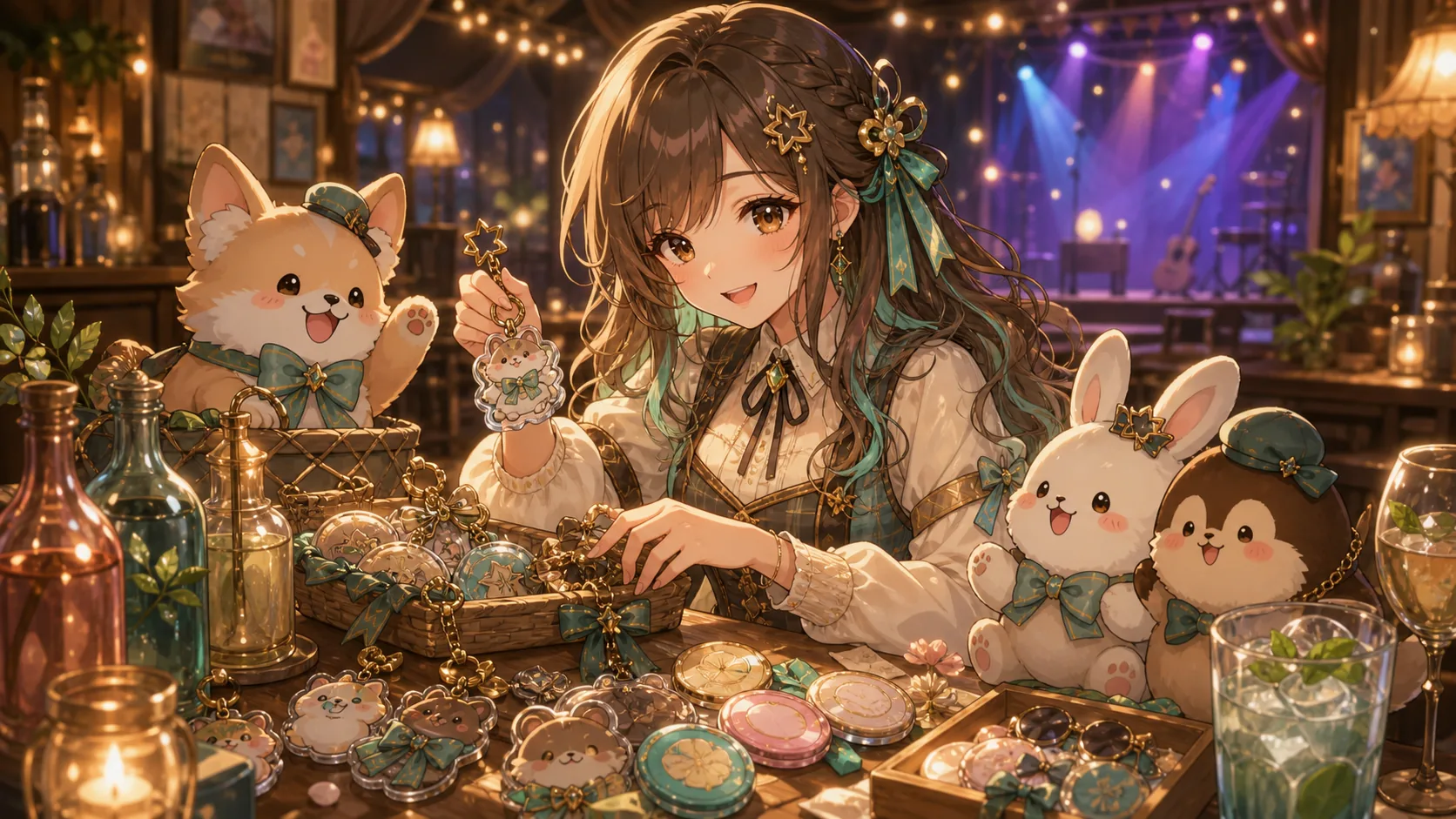 イベント準備のテーブルでグッズとドリンクを整理するオリジナル女性キャラクターのイメージ