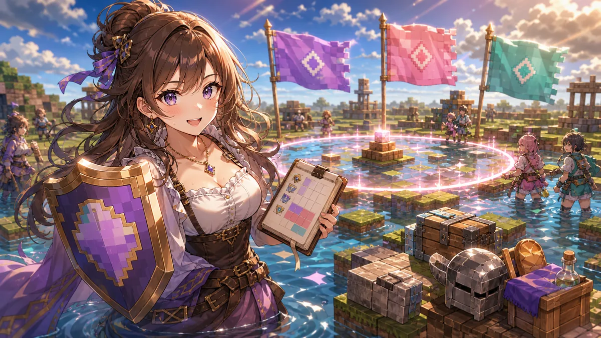 水路だらけのMinecraft風フィールドで旗を守るオリジナル女性キャラクターのイメージ