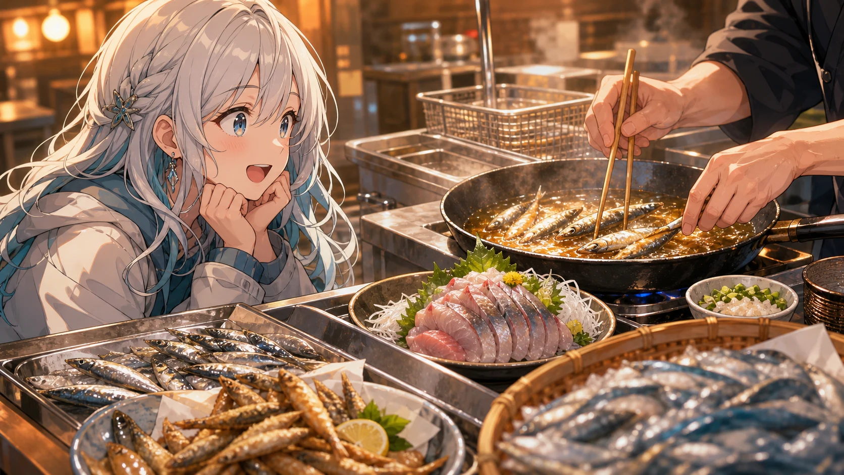 市場の厨房で魚の下処理と揚げ物を見守る人物のイメージ
