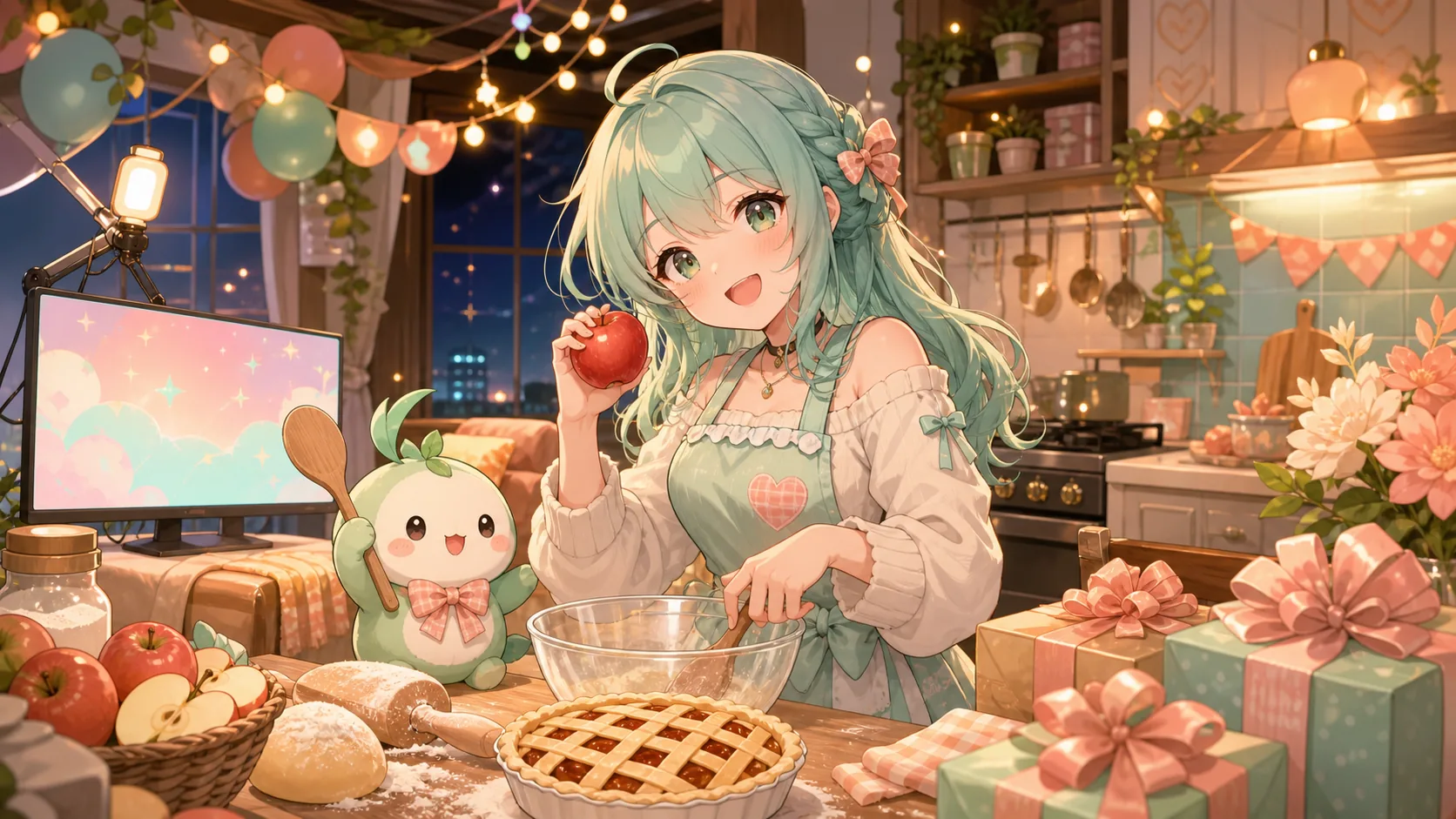 キッチンと配信机の間でパイ作りの材料とグッズメモを並べるオリジナルキャラクターのイメージ