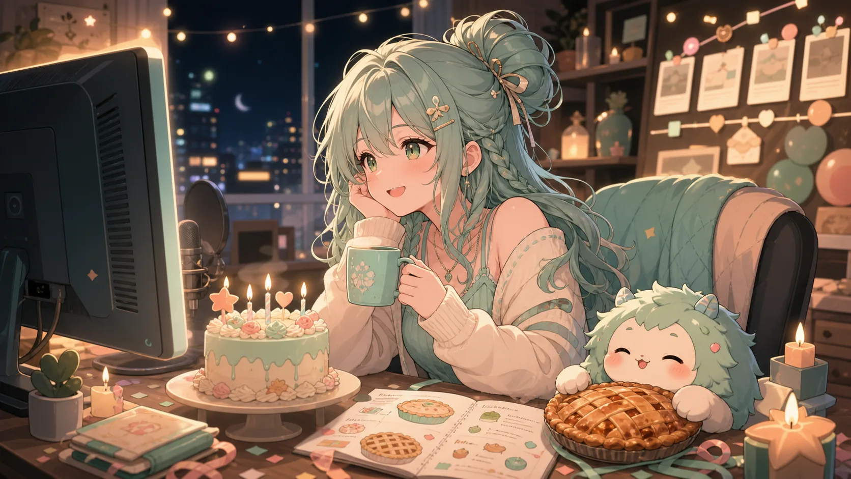 日付が変わった夜の配信部屋でケーキとパイのメモを前に余韻を味わうオリジナルキャラクターのイメージ