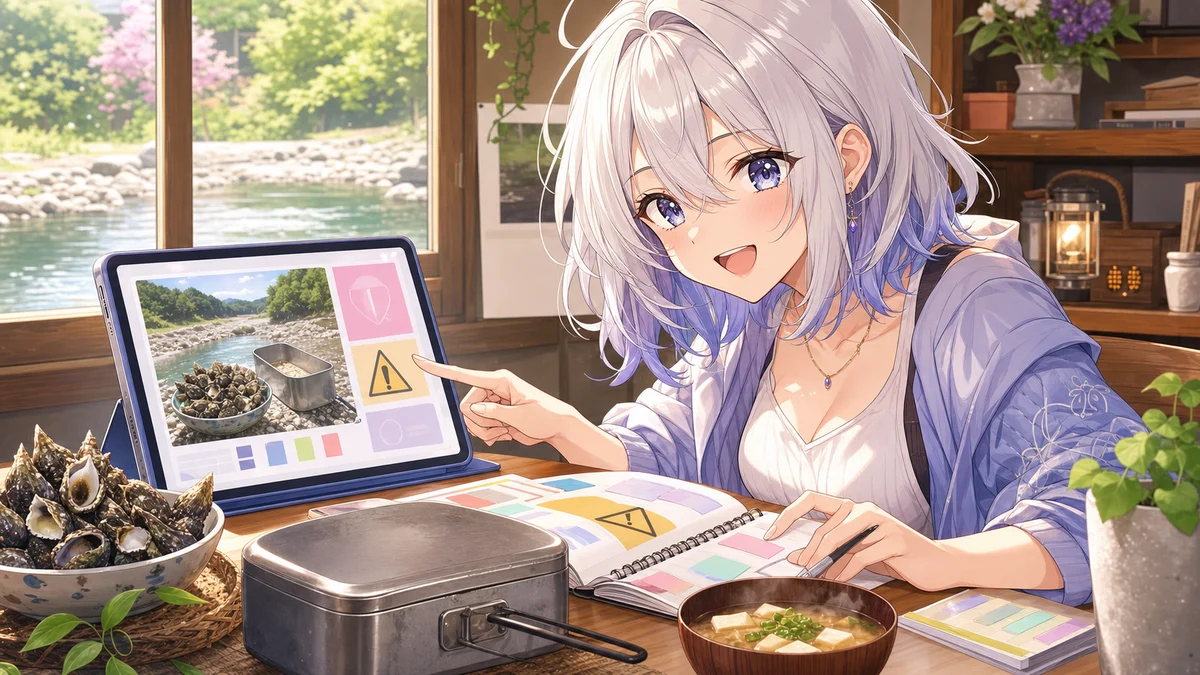 水辺ロケの記録と注意書きを机上で照合するオリジナルキャラクター