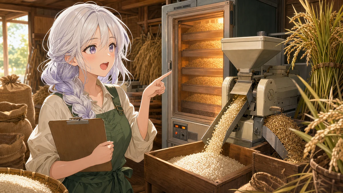 乾燥機ともみすりを見学するオリジナル女性キャラクターのイメージ