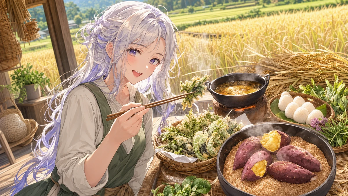 もみ殻焼き芋と野草の天ぷらを楽しむオリジナル女性キャラクターのイメージ