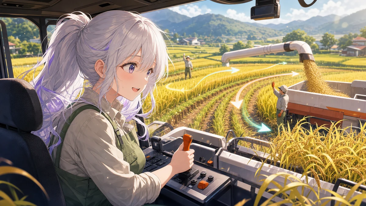 コンバイン操作と稲の列を確認するオリジナル女性キャラクターのイメージ