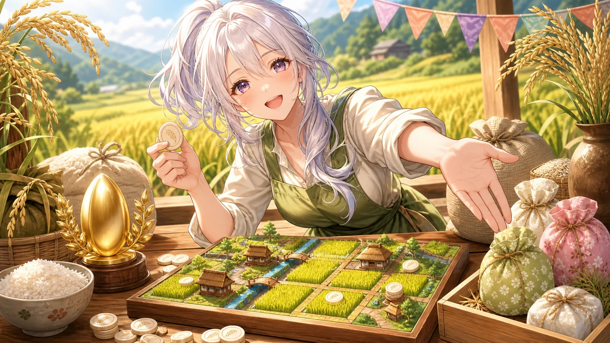 米作りボードゲームと米袋を前に収穫後の流れを整理するオリジナル女性キャラクターのイメージ