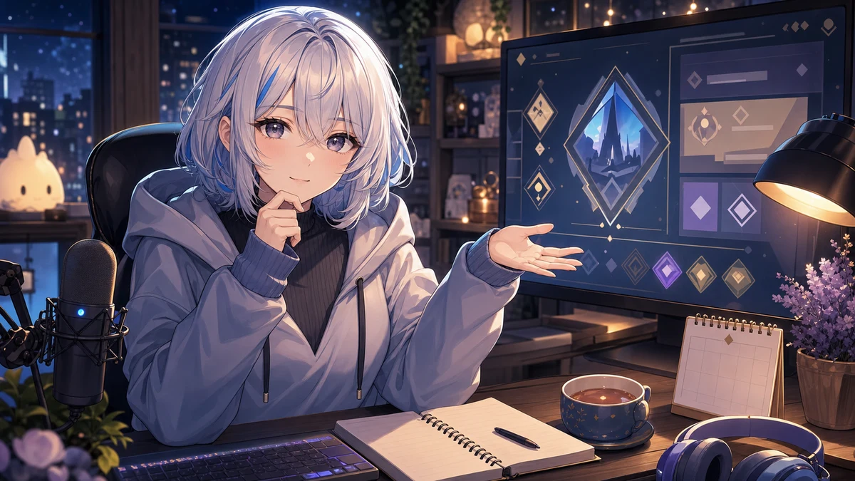 夜の配信机でゲームイベントの物語を読み始める女性キャラクターと、夏のリゾートを思わせる小物のイラスト