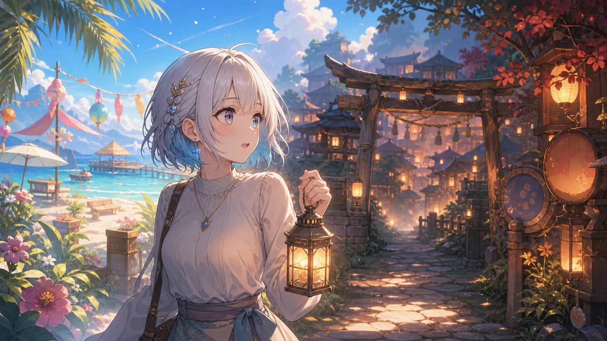 明るい海辺の色と古い村の灯りが混ざる背景で、物語の不穏さに気づく女性キャラクターのイラスト