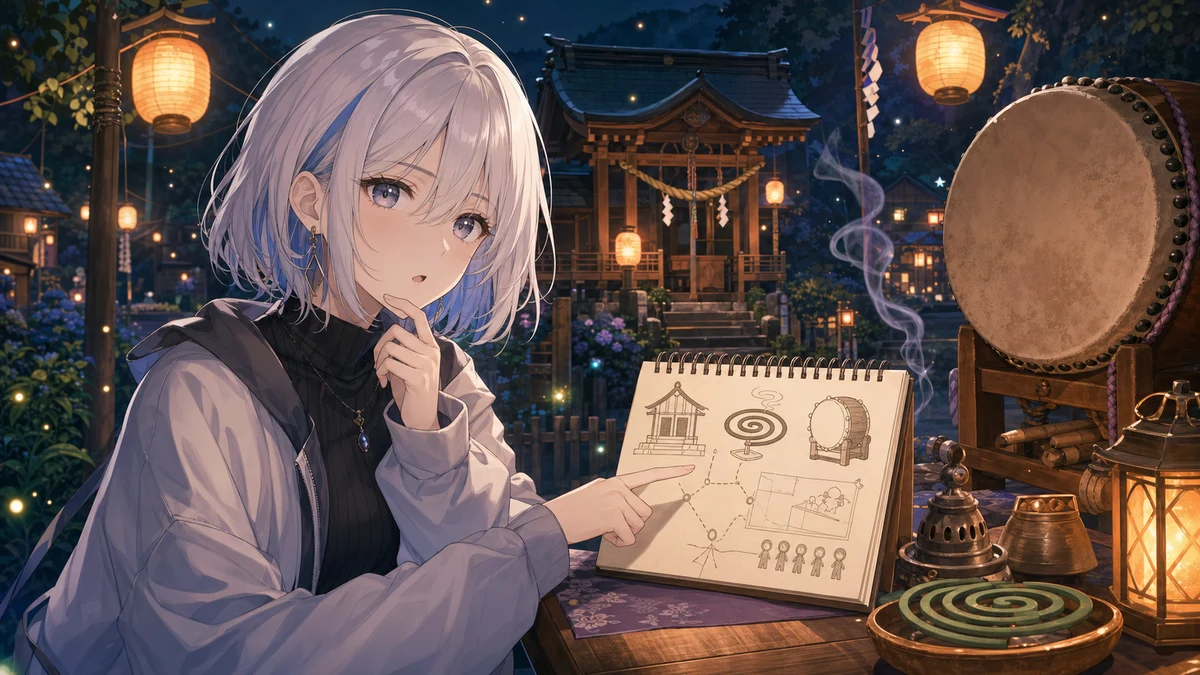 古い祠と祭りの太鼓、煙の立つ線香を前に考え込む女性キャラクターのイラスト