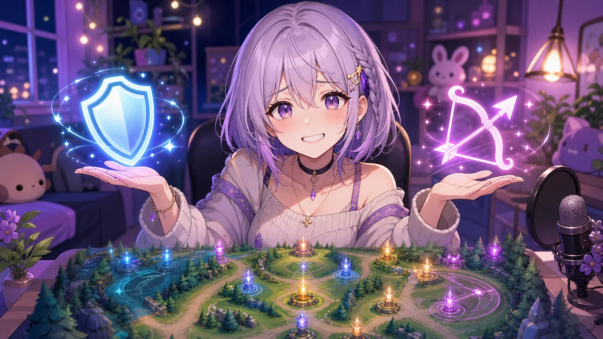 盾と弓の光るアイコンを持つ女性キャラクターと小さなレーンマップのイラスト