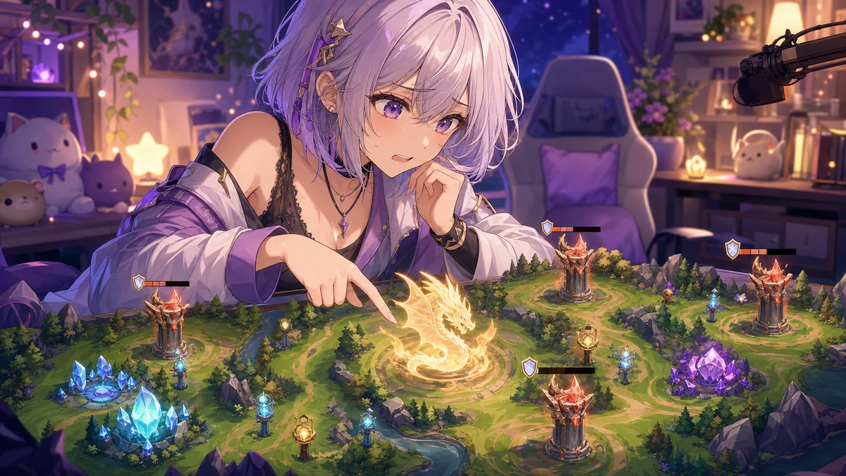 光るドラゴン目標と塔のあるミニチュアマップを指す女性キャラクターのイラスト