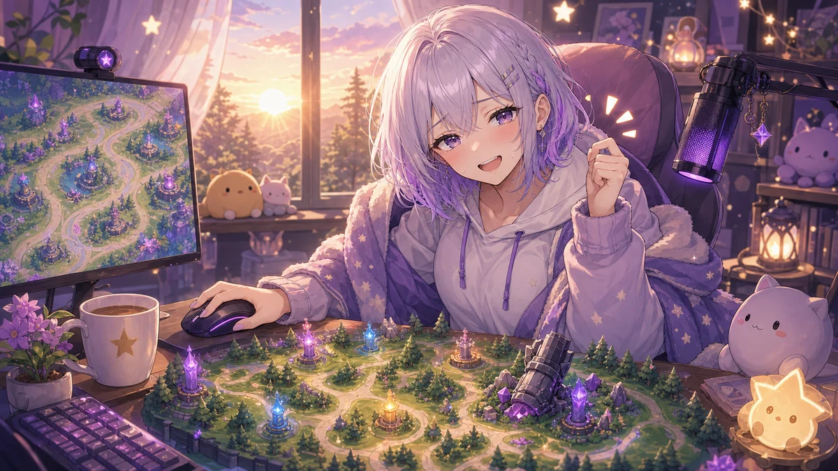 夜明けの配信部屋で疲れた笑顔を見せる女性キャラクターのイラスト