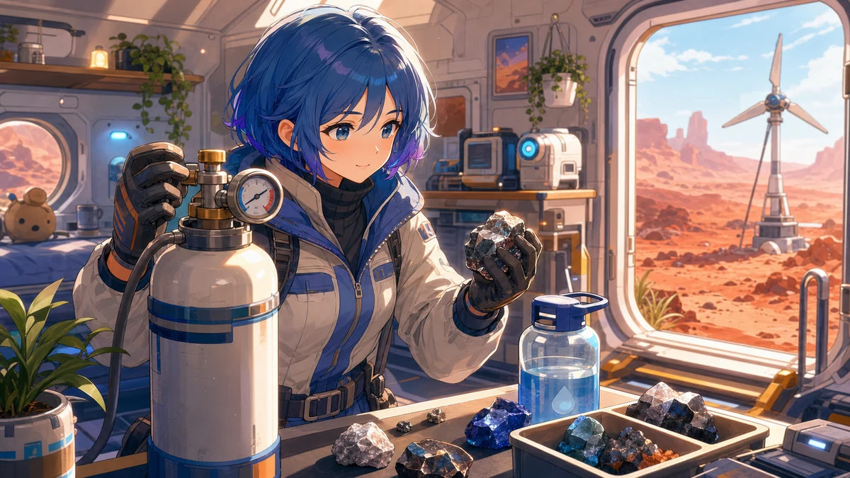 赤い惑星の作業机で酸素タンクと鉱石を確認する女性キャラクターのイラスト
