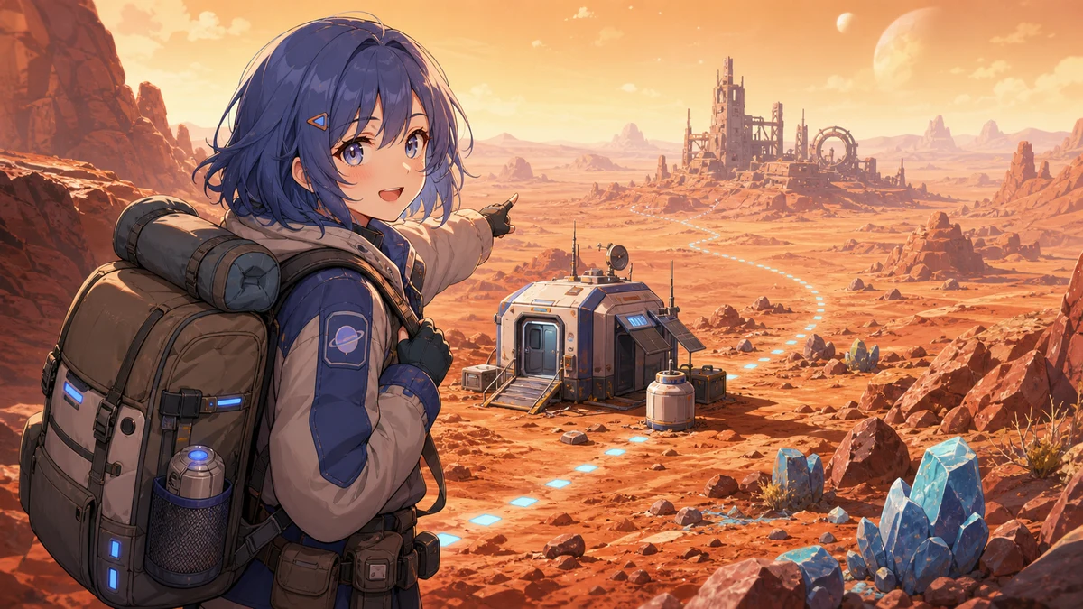 砂色の惑星で小さな避難用モジュールと遠くの建物を見比べる女性キャラクターのイラスト
