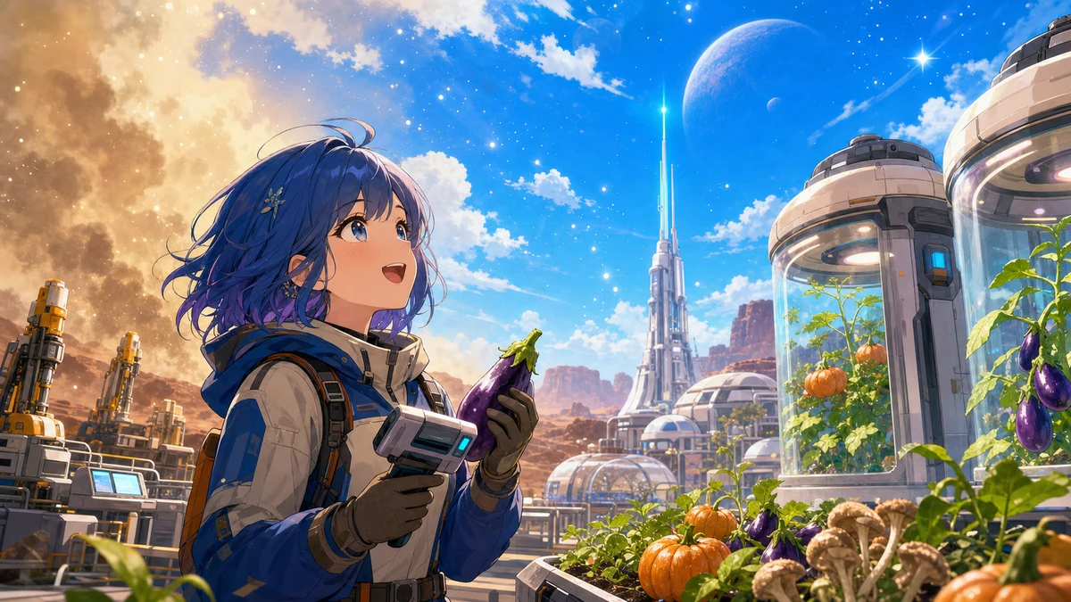 青みを帯びてきた空の下で植物ポッドと採掘機を見上げる女性キャラクターのイラスト