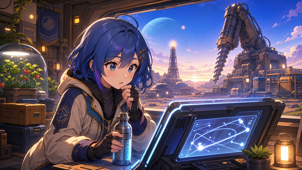 通信端末と大きなドリルを前に惑星開拓の記録を読む女性キャラクターのイラスト