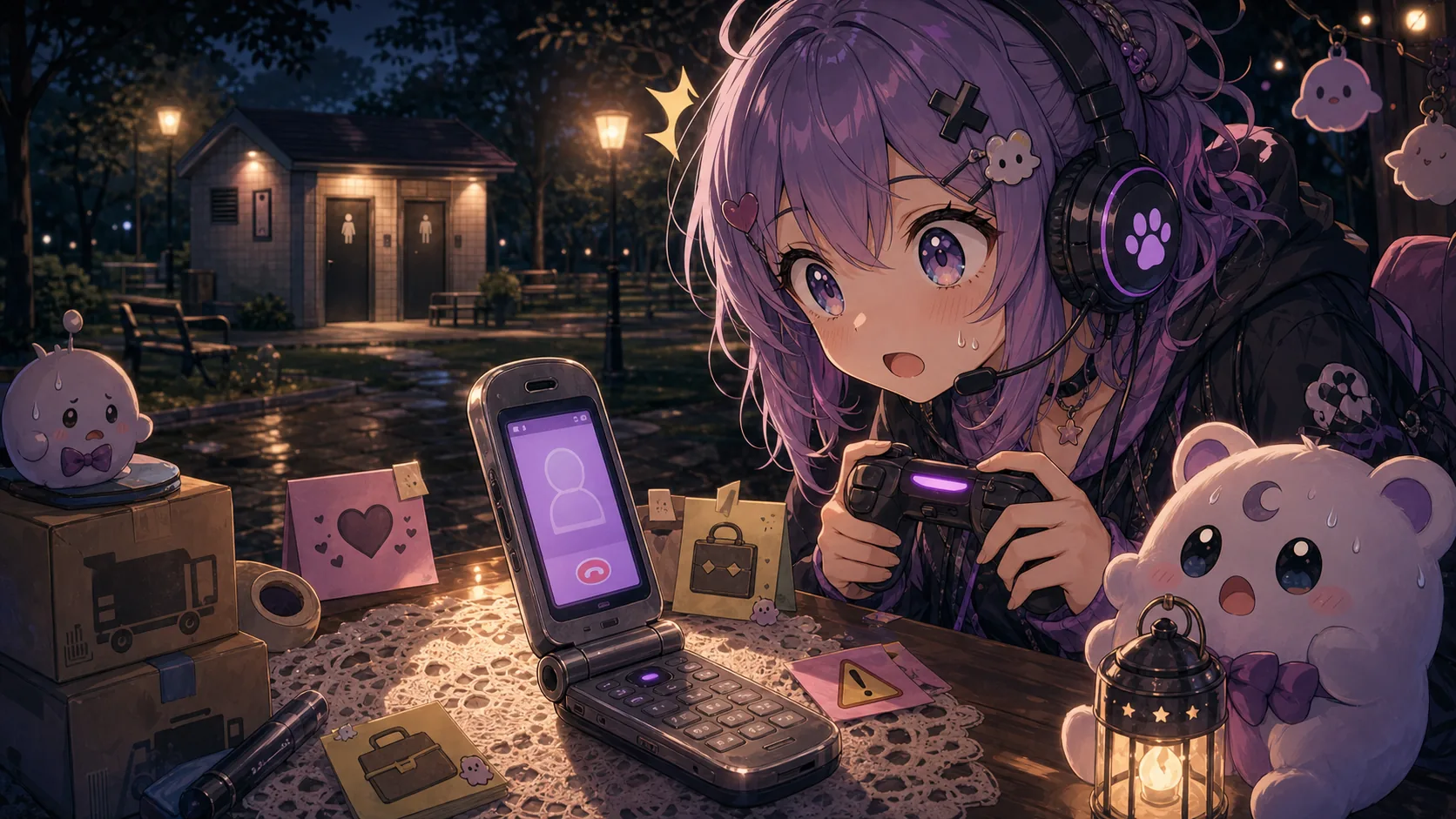 夜の公園で古い携帯電話と怪しい小物を前に驚くオリジナルキャラクターのイメージ
