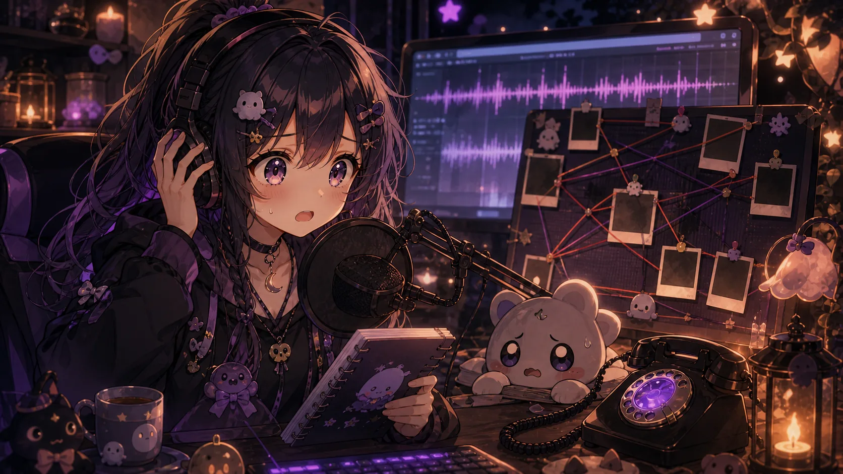 深夜の配信部屋で電話口の声と謎のつながりを読み解くオリジナルキャラクターのイメージ