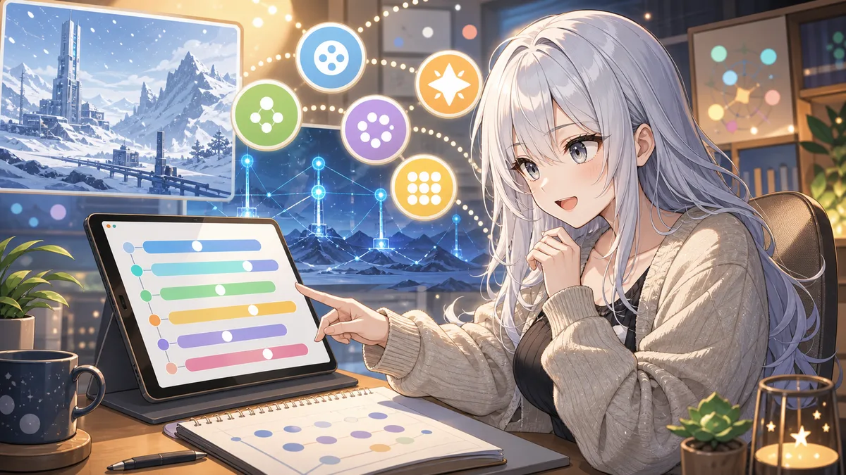 配信アーカイブと公式情報を並べて確認する白銀髪の人物のイメージ