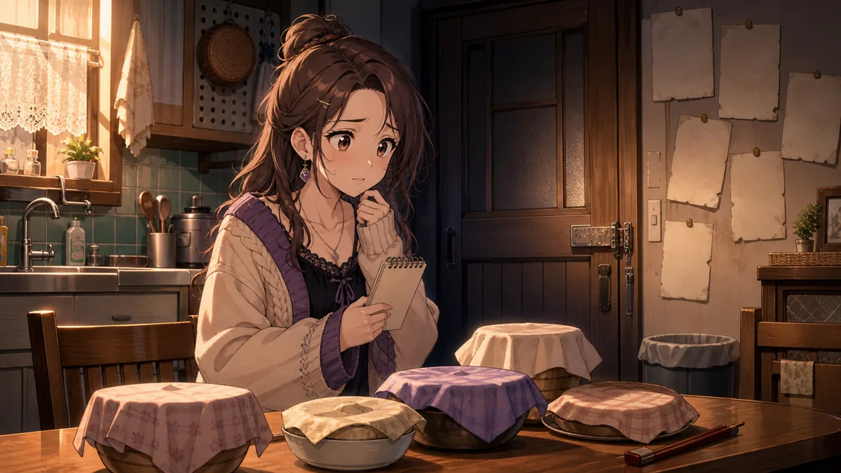 古い台所と食卓を前に、不安げにメモを読む成人女性のオリジナルキャラクター