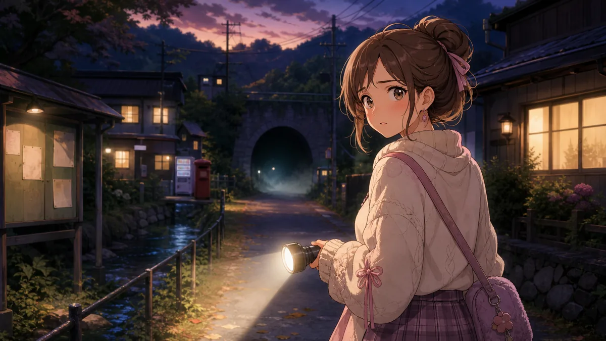 夕方の田舎町で、トンネルと古い掲示板を見つめる成人女性のオリジナルキャラクター