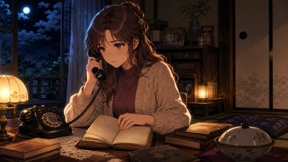 古い日記と電話機を前に、緊張した表情で判断する成人女性のオリジナルキャラクター