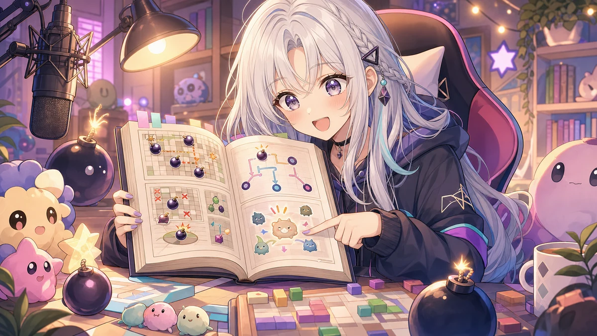 説明書とルーイ復活メモを眺めるかわいいオリジナルキャラクターのイメージ