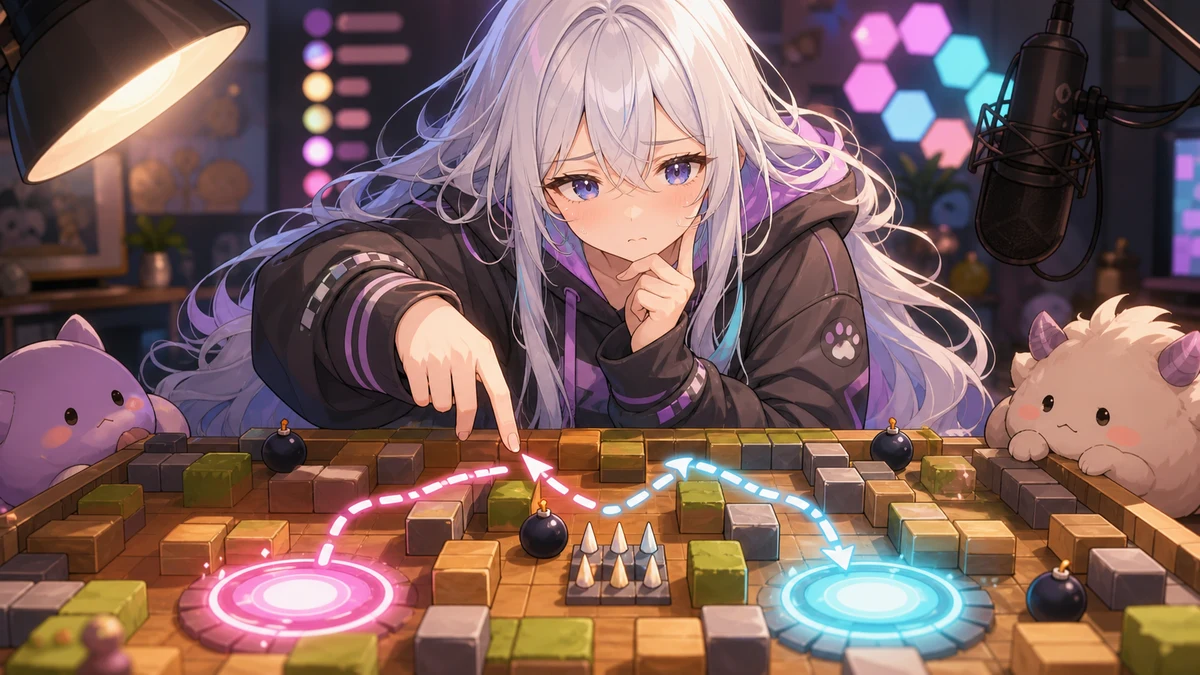 分岐ルートとワープホールを前に悩むかわいいオリジナルキャラクターのイメージ