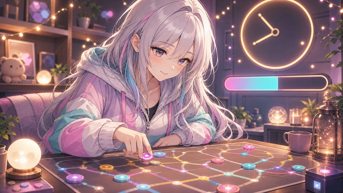 分岐ルートの盤面と時計を見ながら進行を整理する女性キャラクターのイメージ