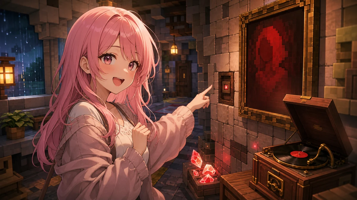 赤い肖像の横にある隠しスイッチを指す、ピンク髪のオリジナルキャラクターと古いレコードプレイヤーのイメージ