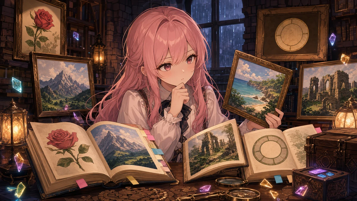 古い本と複数の絵を見比べて考える、ピンク髪のオリジナルキャラクターと光るかけらのイメージ