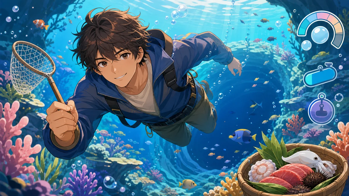 青い海中で小魚を追いながら操作に慣れる男性キャラクターと明るい酸素ゲージ風UI