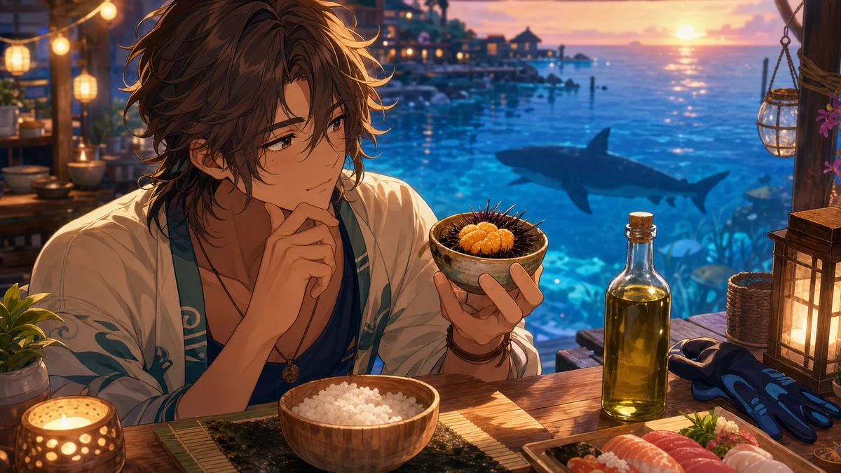 夕方の海辺でウニの小物とサメの影を見ながら次の探索を考える男性キャラクター