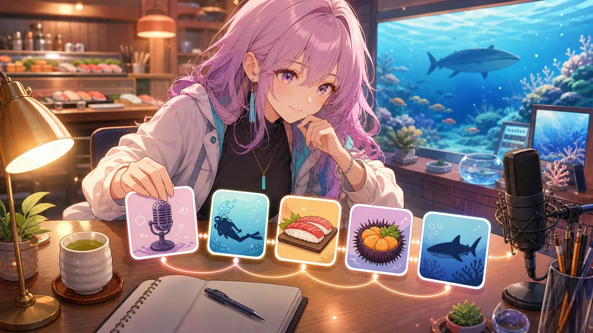 配信マイクと潜水と寿司とウニとサメの絵柄カードを机に並べる薄桃色の髪の女性キャラクター