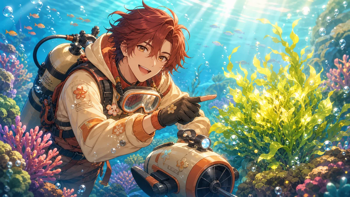 青い海中で海草と小さな素材箱を探しながら水中スクーターを試す男性キャラクター