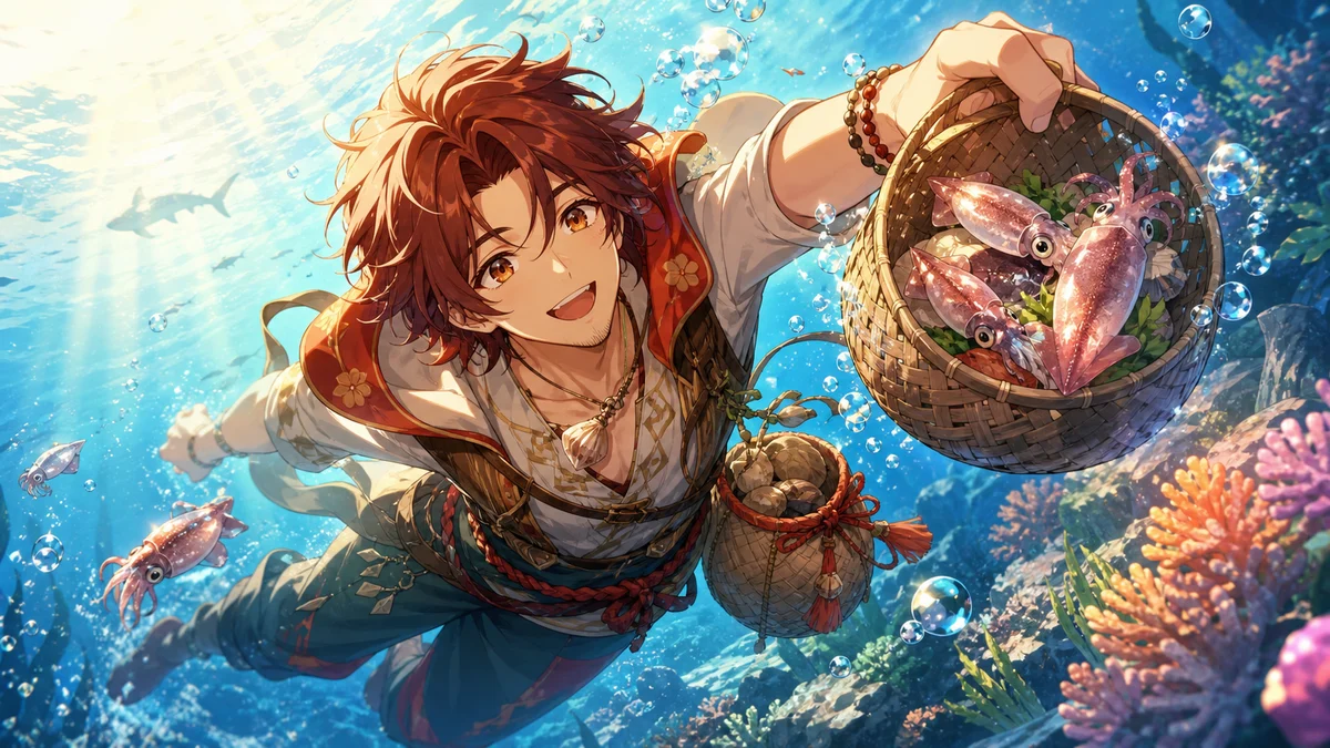 夕方の海中でイカの影とサメの影を避けながら酸素ゲージを気にする男性キャラクター