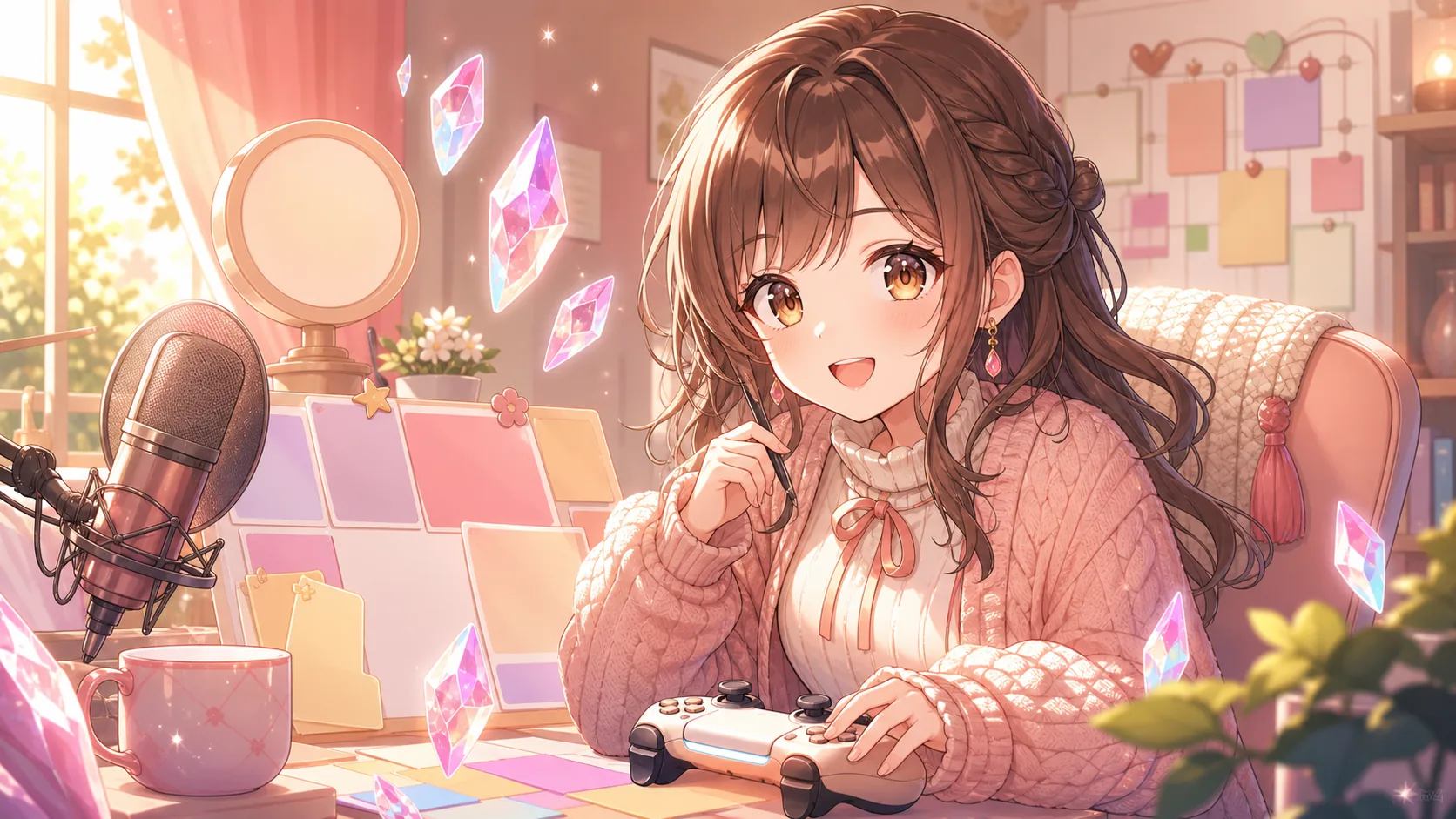 朝の配信部屋でイベントストーリーの予定を整理するオリジナル女性キャラクターのイメージ