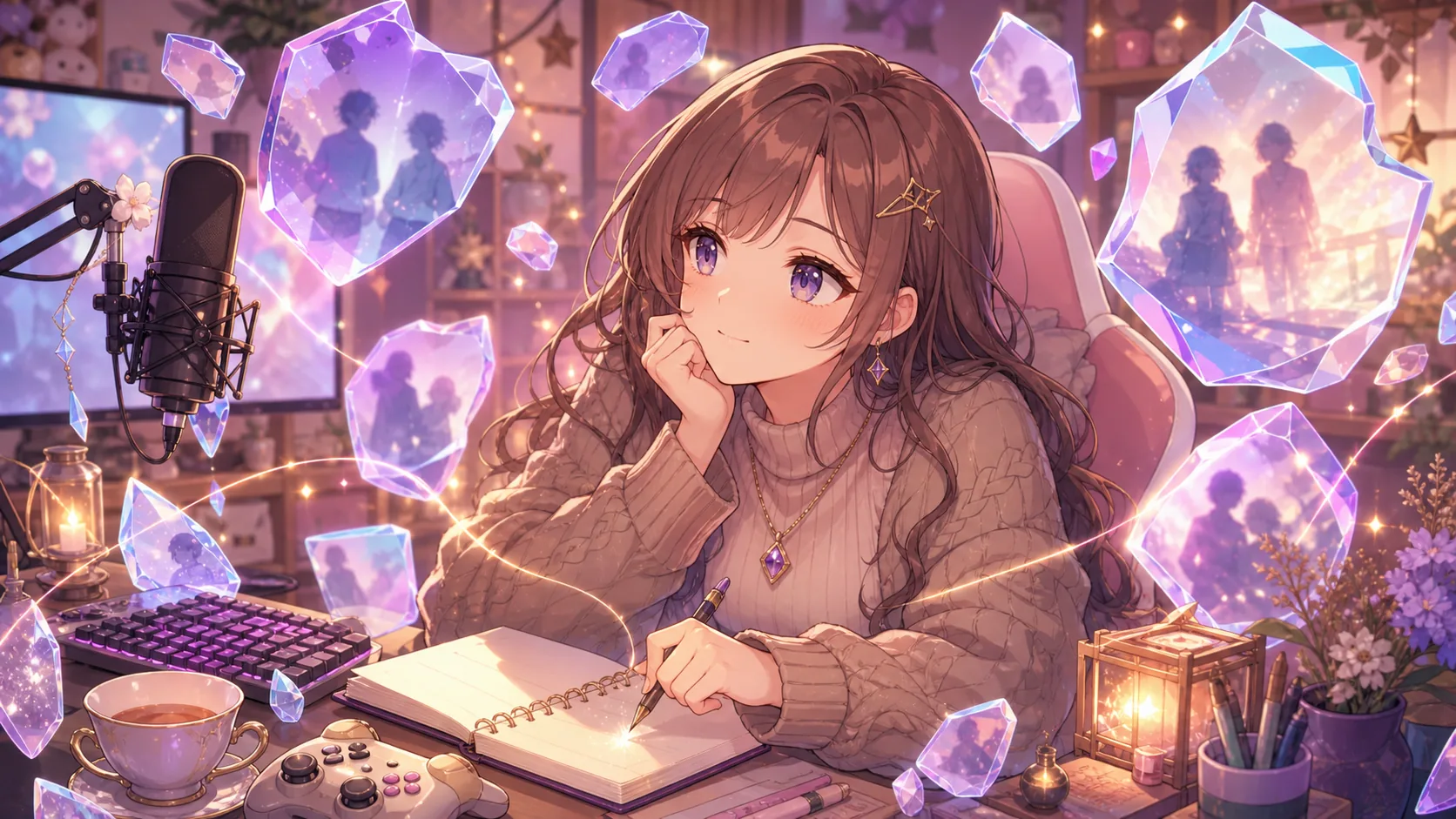 薄く光る記憶の欠片とゲームメモを前に考え込むオリジナル女性キャラクターのイメージ