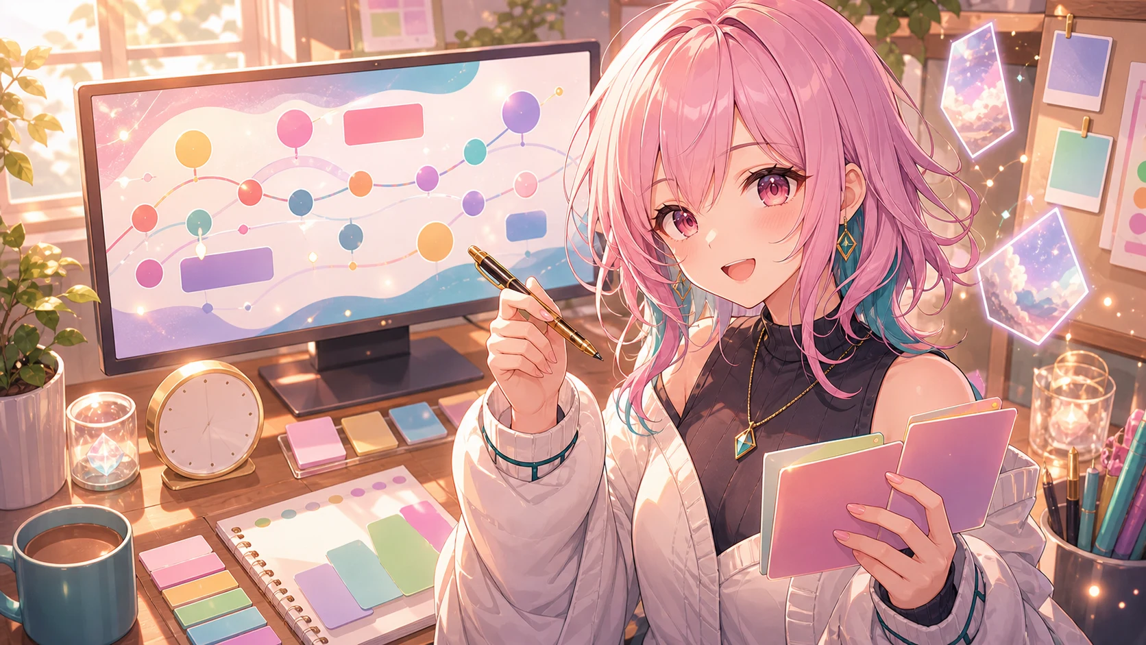配信机で抽象的な時系列と空白の資料カードを見比べるピンク髪のオリジナル女性キャラクターのイメージ