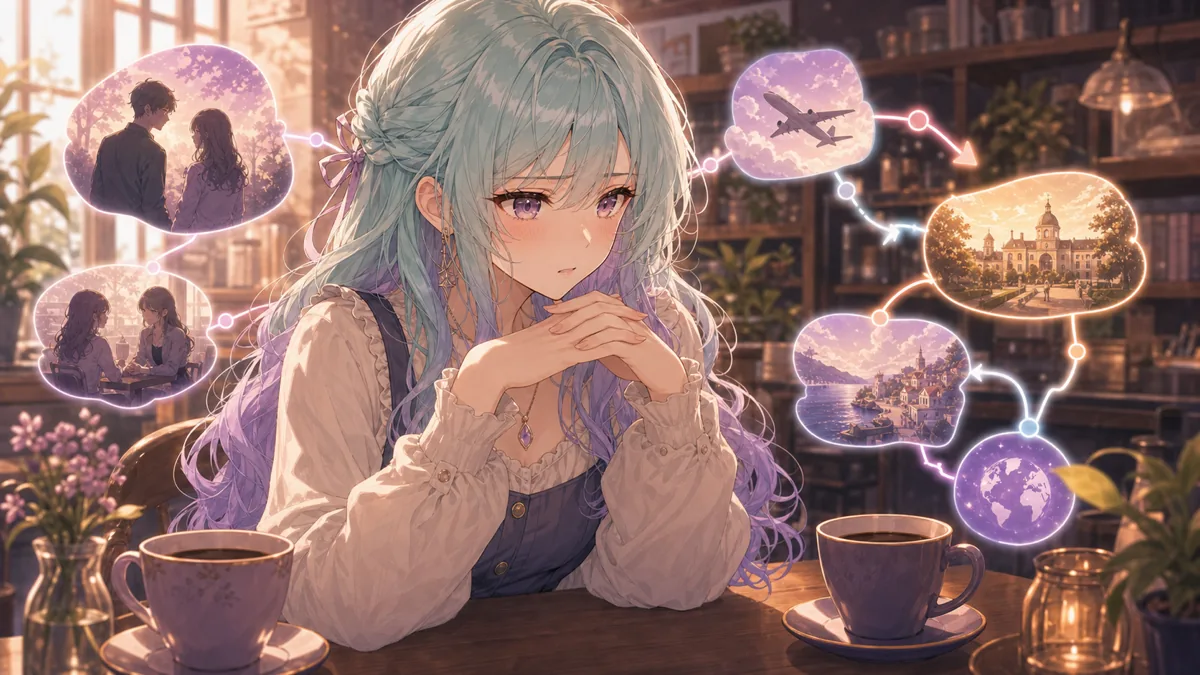 カフェのテーブルに置かれた進路メモと読書ノートを囲み、考え込むオリジナル女性キャラクターのイメージ