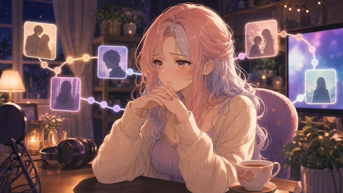 長い配信タイムラインと分岐カードを前に、温かいライトの下で深呼吸するオリジナル女性キャラクターのイメージ